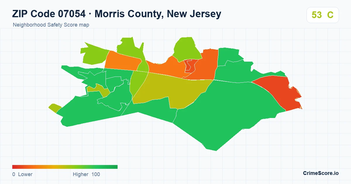 ZIP Code 07054 in Morris County, New Jersey neighborhood Safety Score map