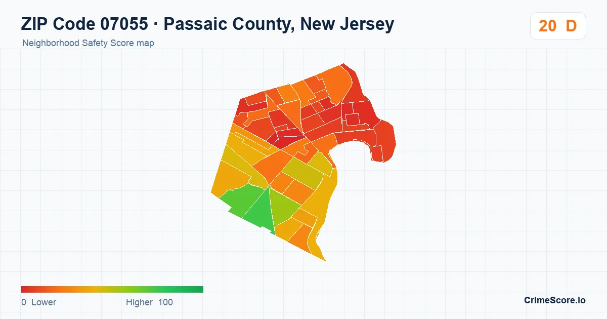 ZIP Code 07055 in Passaic County, New Jersey neighborhood Safety Score map