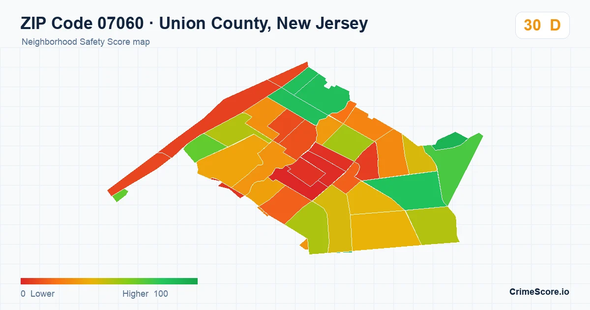 ZIP Code 07060 in Union County, New Jersey neighborhood Safety Score map
