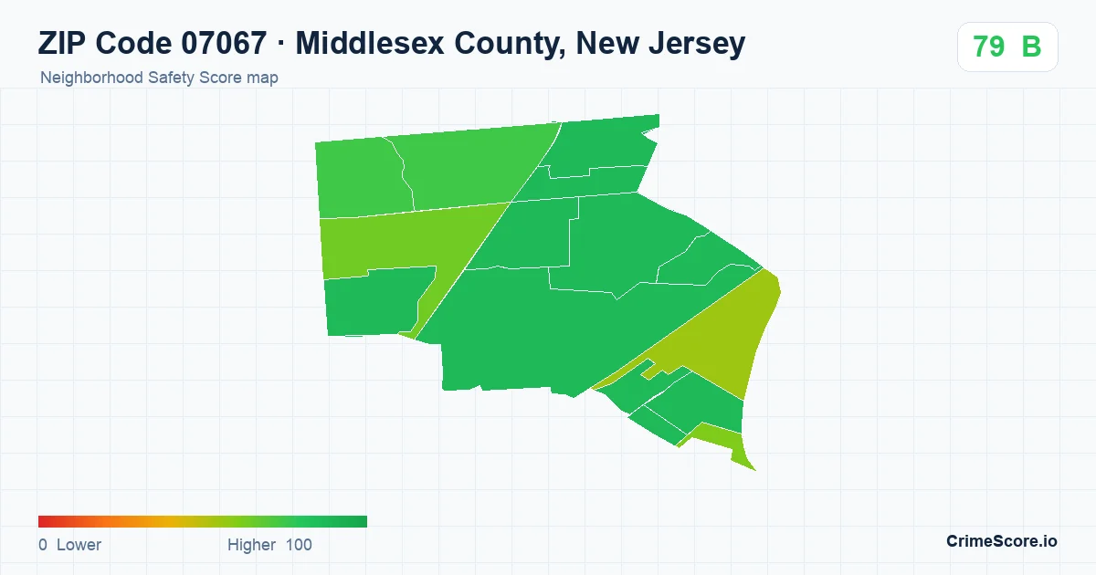 ZIP Code 07067 in Middlesex County, New Jersey neighborhood Safety Score map