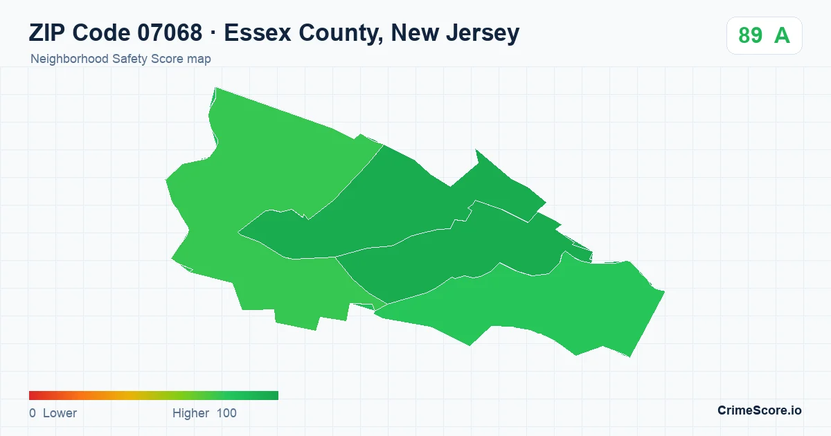 ZIP Code 07068 in Essex County, New Jersey neighborhood Safety Score map
