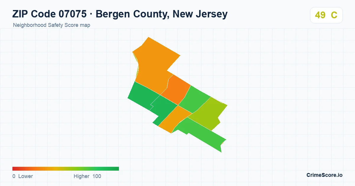 ZIP Code 07075 in Bergen County, New Jersey neighborhood Safety Score map