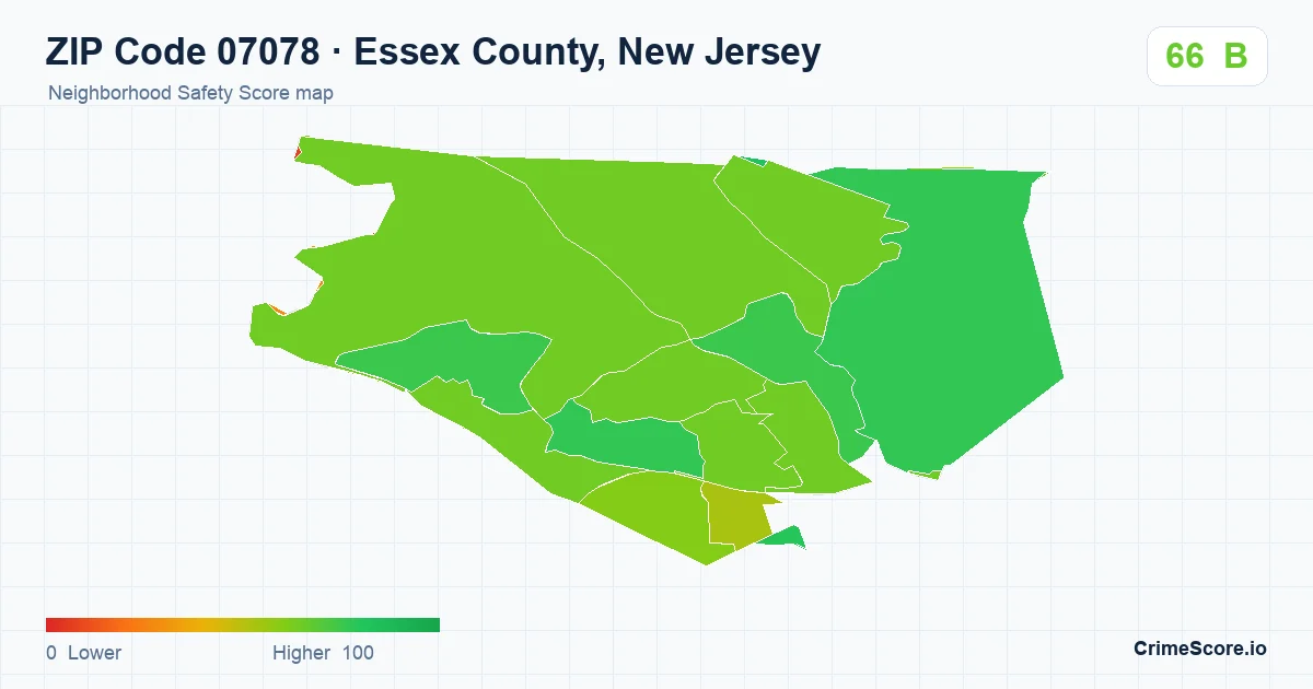 ZIP Code 07078 in Essex County, New Jersey neighborhood Safety Score map