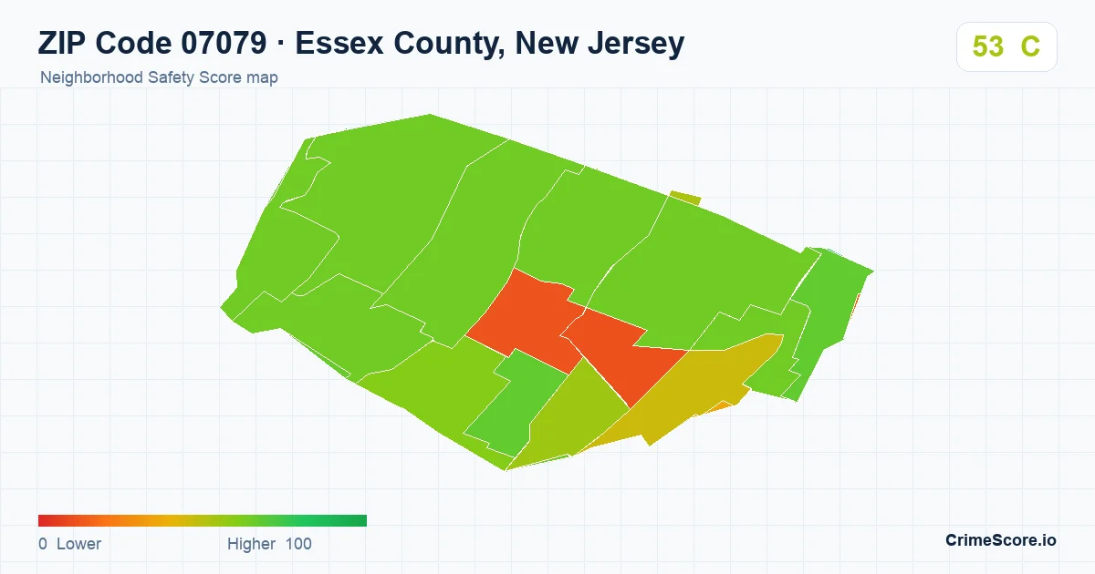ZIP Code 07079 in Essex County, New Jersey neighborhood Safety Score map
