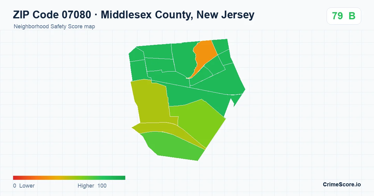 ZIP Code 07080 in Middlesex County, New Jersey neighborhood Safety Score map