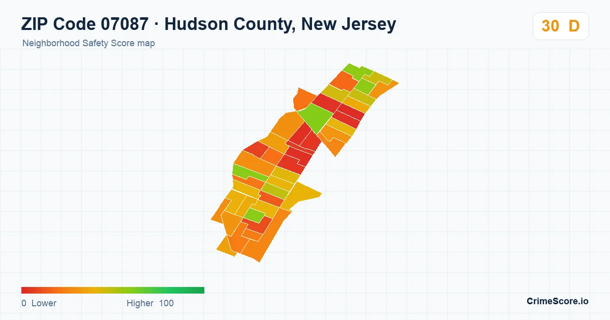 ZIP Code 07087 in Hudson County, New Jersey neighborhood Safety Score map