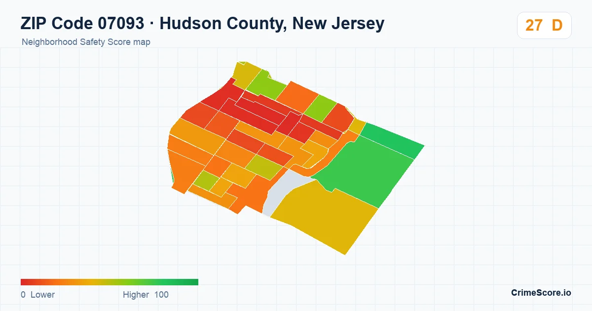 ZIP Code 07093 in Hudson County, New Jersey neighborhood Safety Score map