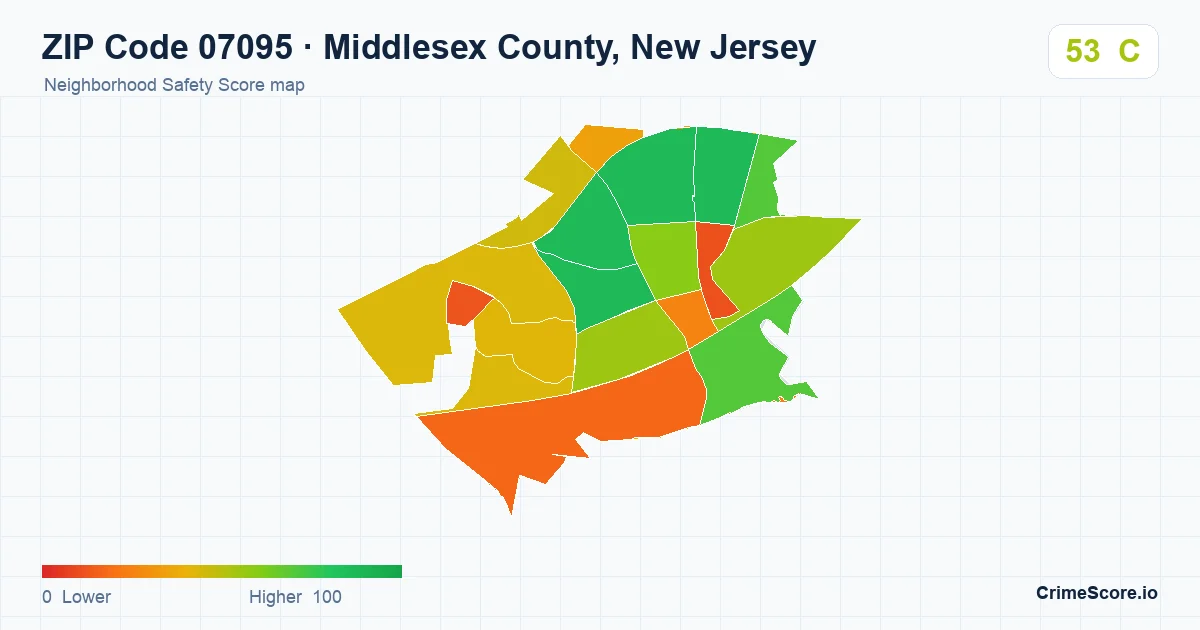 ZIP Code 07095 in Middlesex County, New Jersey neighborhood Safety Score map
