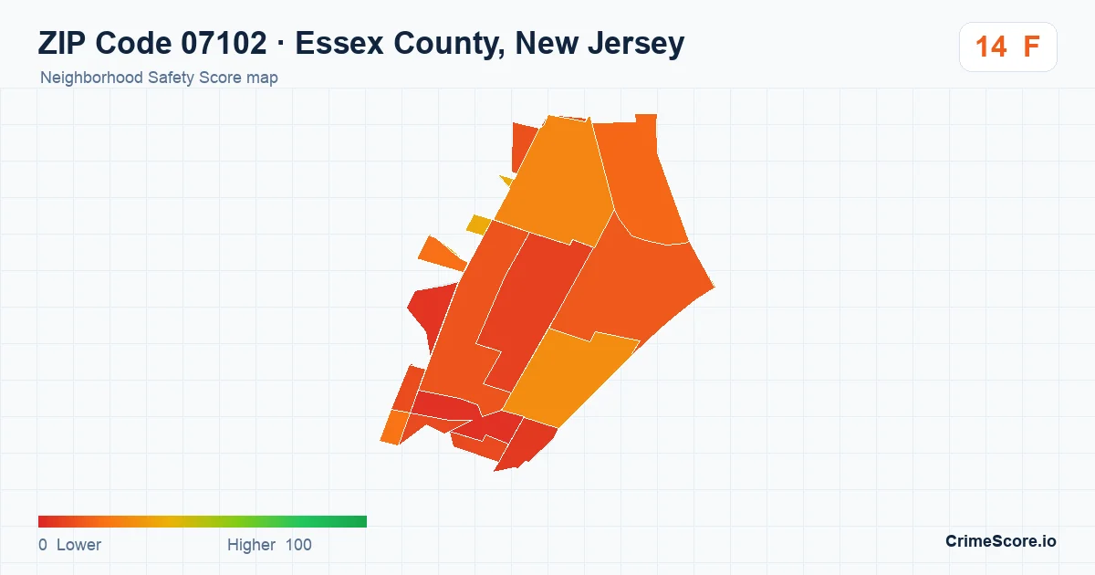 ZIP Code 07102 in Essex County, New Jersey neighborhood Safety Score map