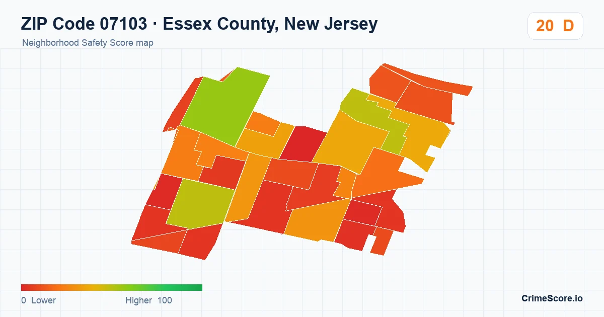 ZIP Code 07103 in Essex County, New Jersey neighborhood Safety Score map