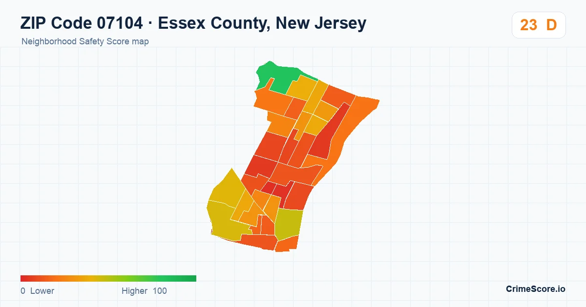 ZIP Code 07104 in Essex County, New Jersey neighborhood Safety Score map