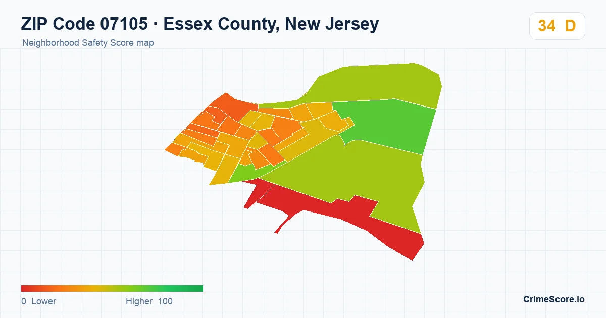 ZIP Code 07105 in Essex County, New Jersey neighborhood Safety Score map