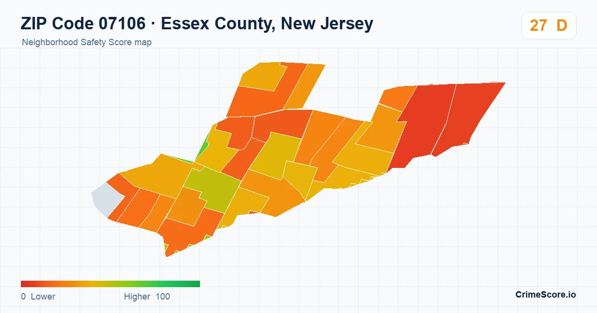 ZIP Code 07106 in Essex County, New Jersey neighborhood Safety Score map