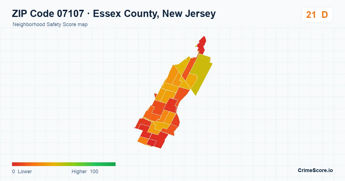 ZIP Code 07107 in Essex County, New Jersey neighborhood Safety Score map