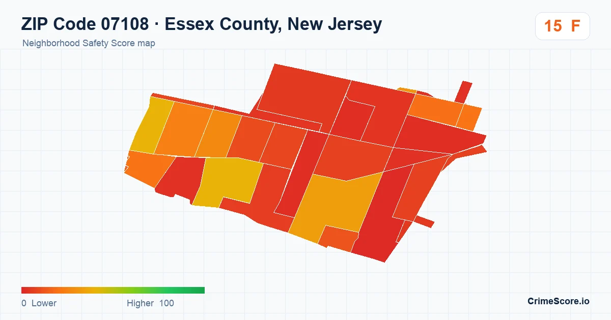 ZIP Code 07108 in Essex County, New Jersey neighborhood Safety Score map