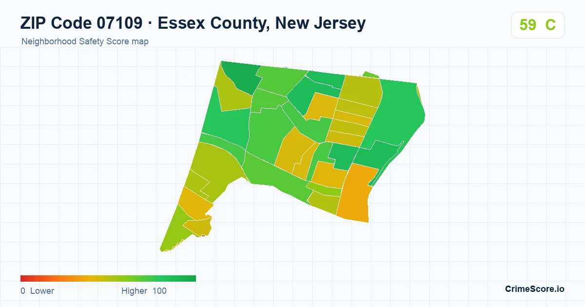 ZIP Code 07109 in Essex County, New Jersey neighborhood Safety Score map