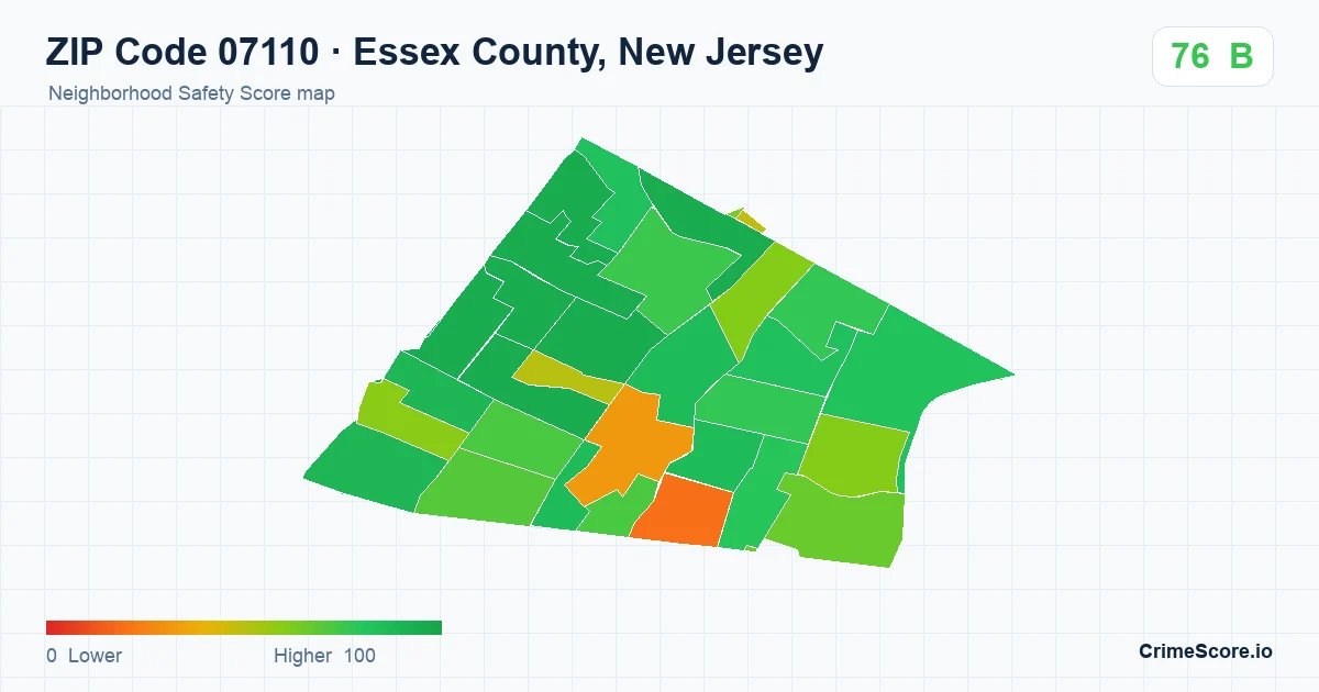 ZIP Code 07110 in Essex County, New Jersey neighborhood Safety Score map