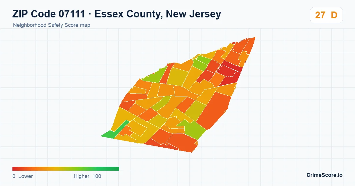 ZIP Code 07111 in Essex County, New Jersey neighborhood Safety Score map