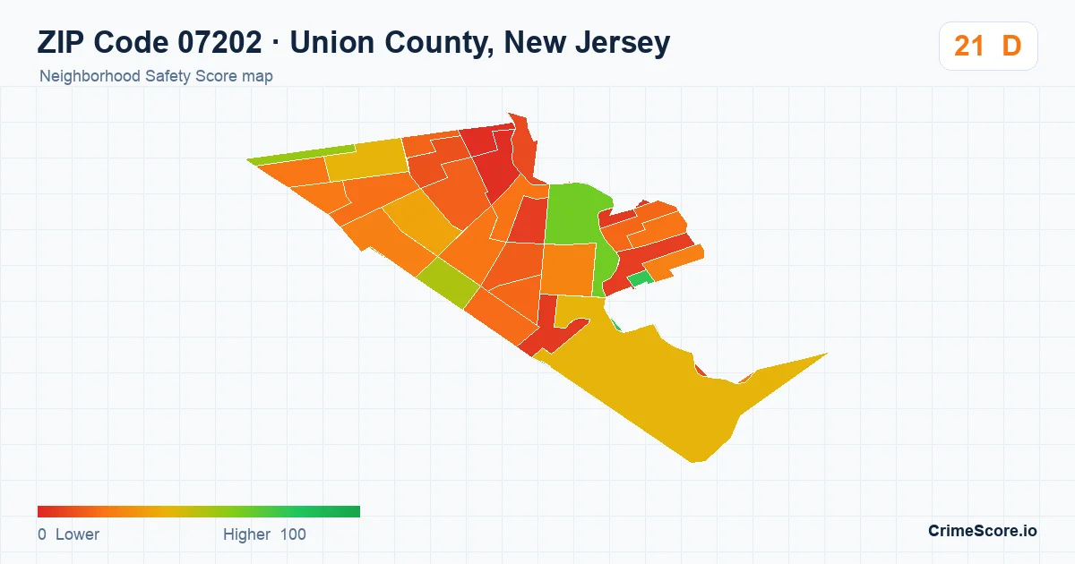 ZIP Code 07202 in Union County, New Jersey neighborhood Safety Score map