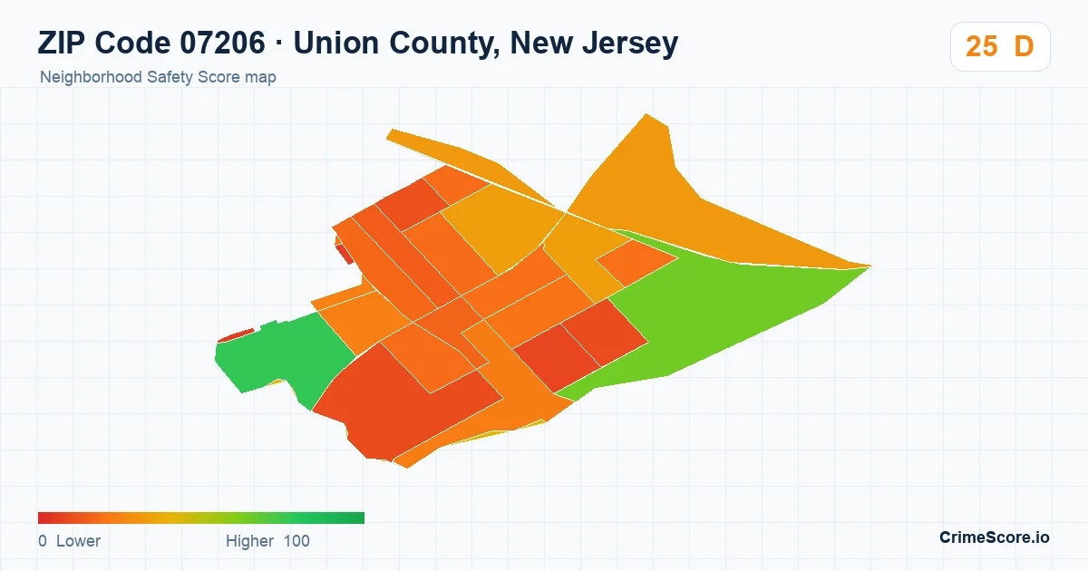 ZIP Code 07206 in Union County, New Jersey neighborhood Safety Score map