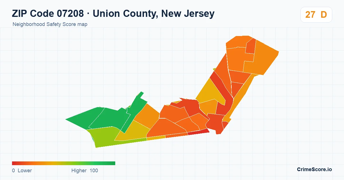 ZIP Code 07208 in Union County, New Jersey neighborhood Safety Score map