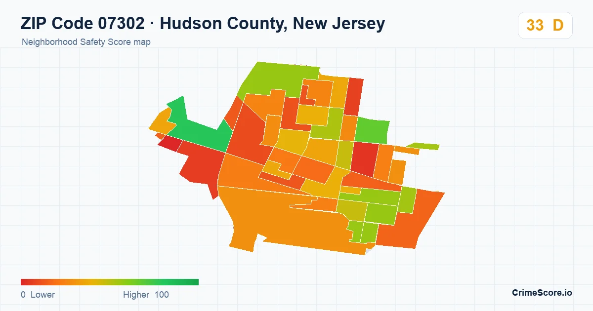 ZIP Code 07302 in Hudson County, New Jersey neighborhood Safety Score map
