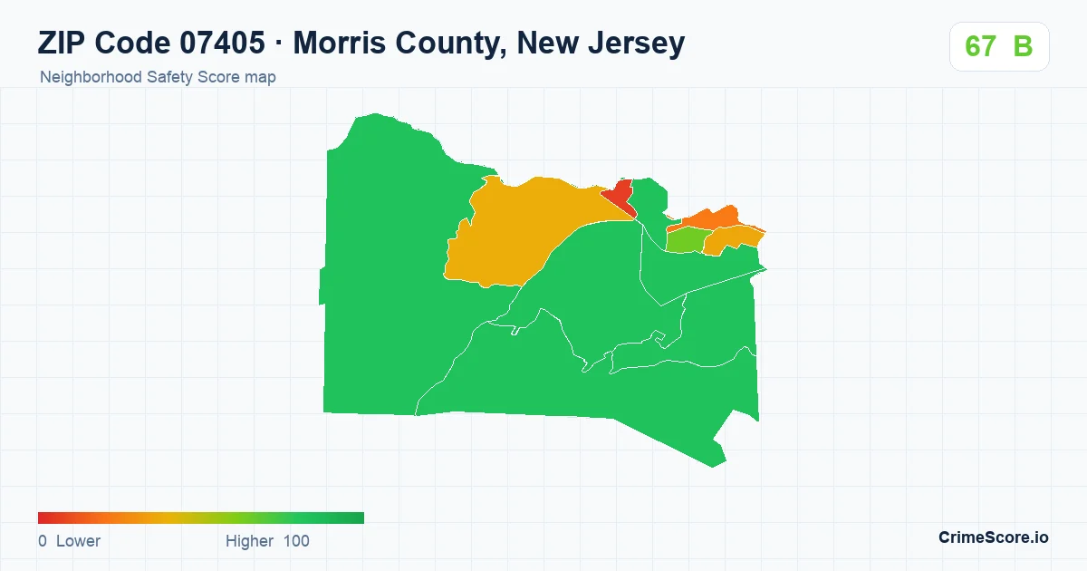 ZIP Code 07405 in Morris County, New Jersey neighborhood Safety Score map