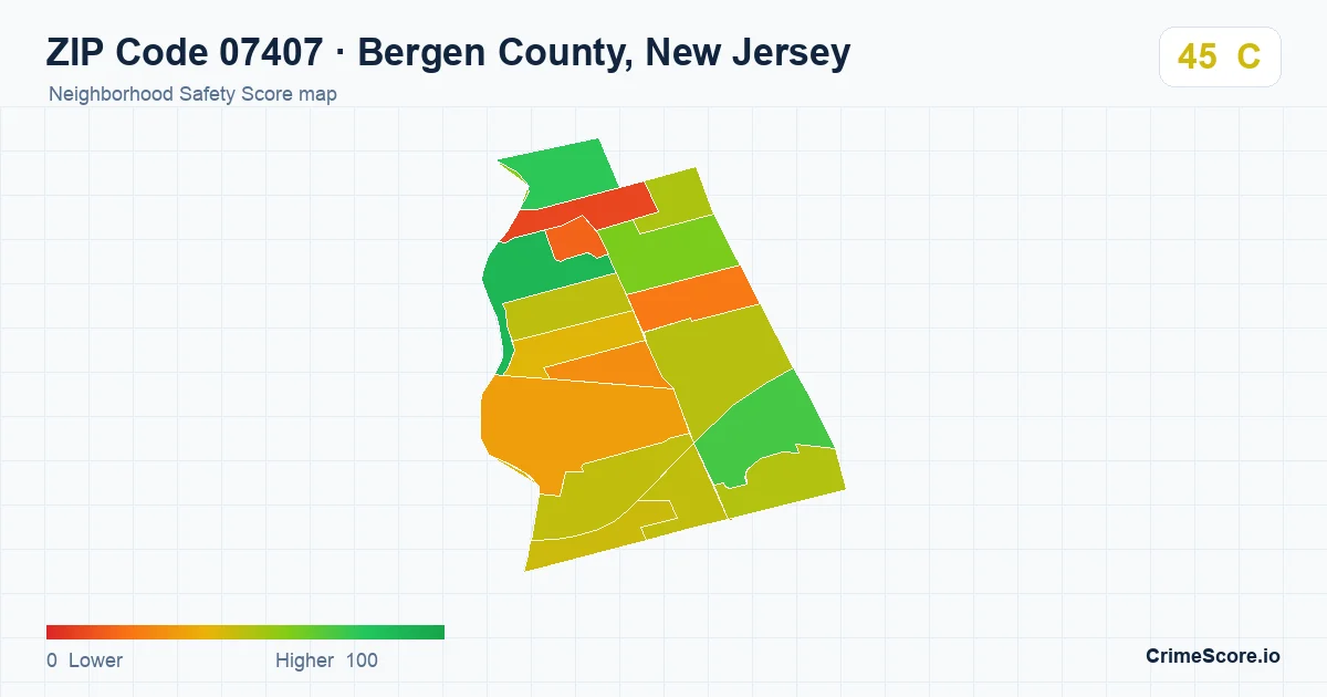 ZIP Code 07407 in Bergen County, New Jersey neighborhood Safety Score map