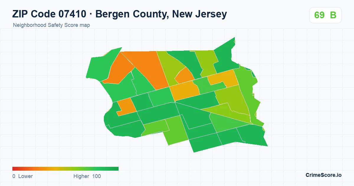 ZIP Code 07410 in Bergen County, New Jersey neighborhood Safety Score map