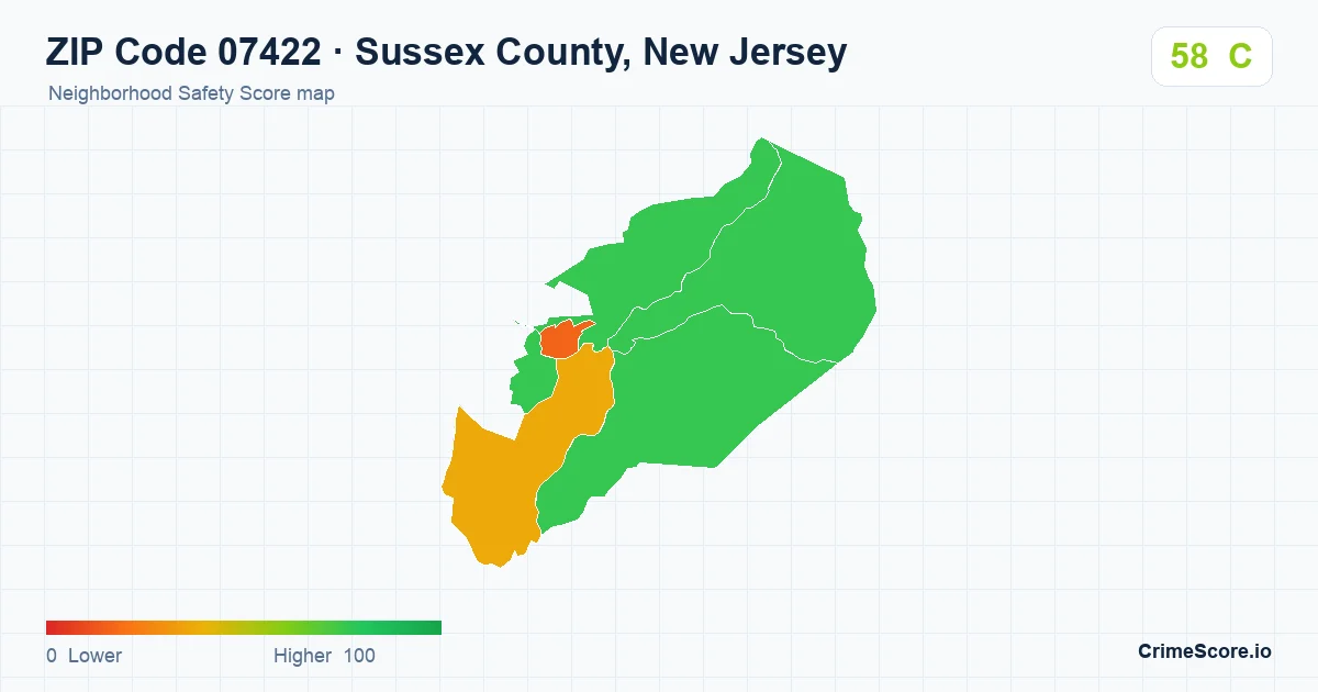 ZIP Code 07422 in Sussex County, New Jersey neighborhood Safety Score map