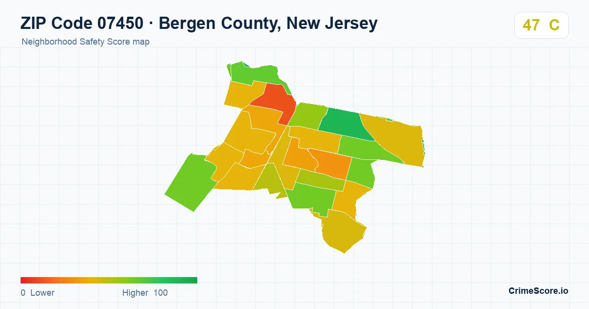 ZIP Code 07450 in Bergen County, New Jersey neighborhood Safety Score map