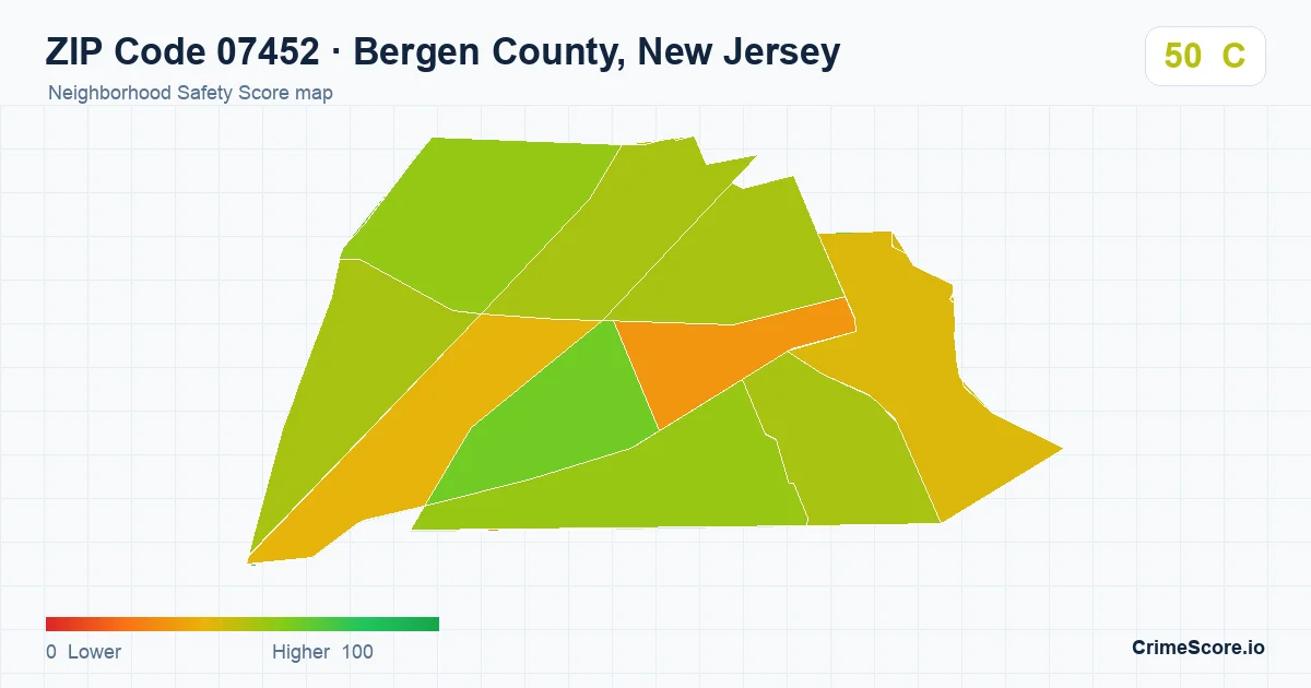ZIP Code 07452 in Bergen County, New Jersey neighborhood Safety Score map
