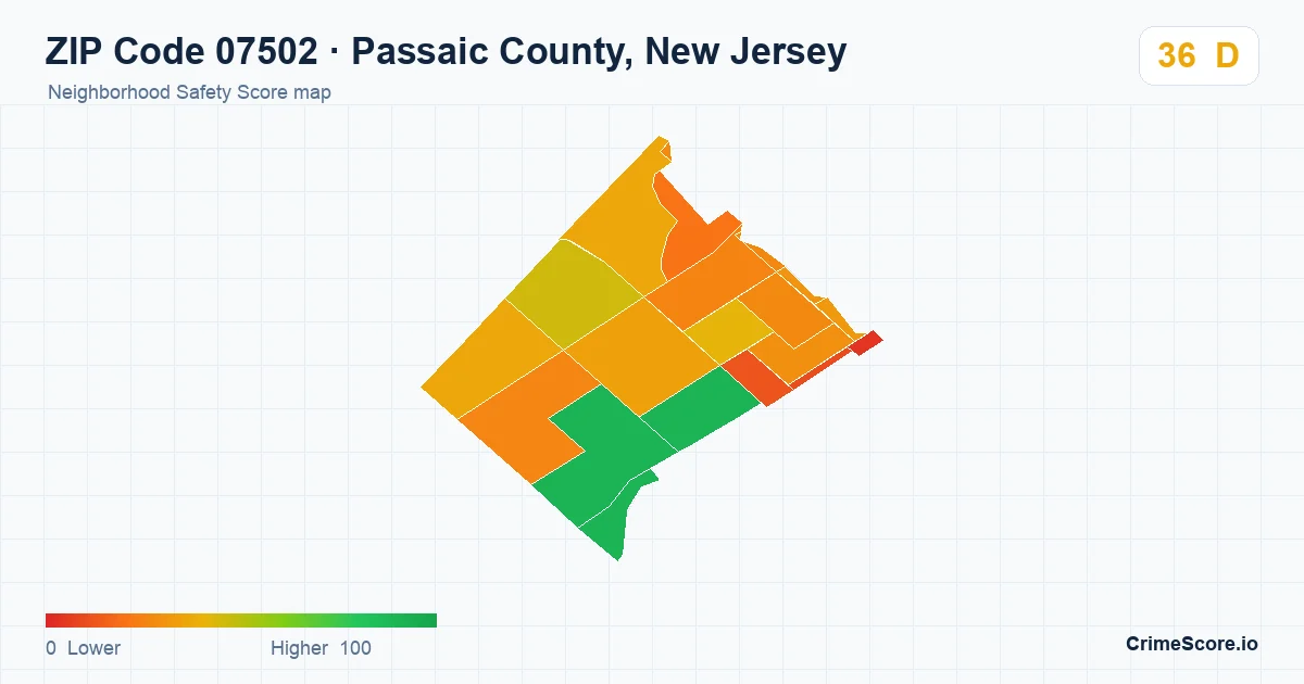 ZIP Code 07502 in Passaic County, New Jersey neighborhood Safety Score map