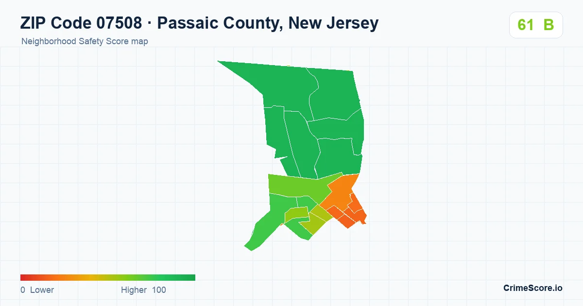 ZIP Code 07508 in Passaic County, New Jersey neighborhood Safety Score map