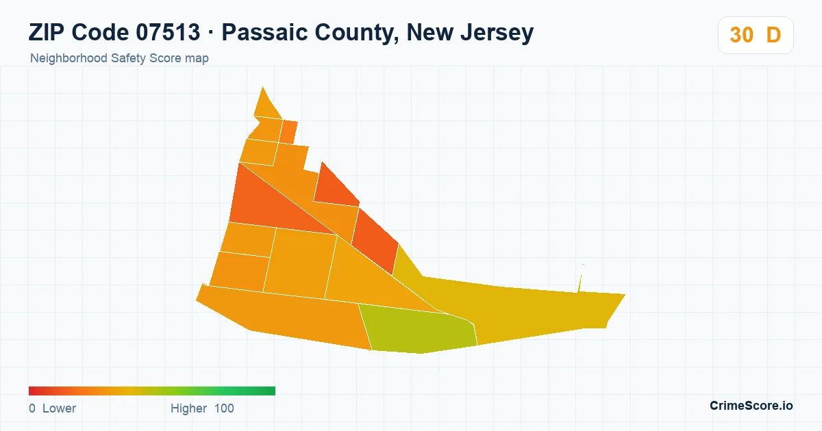ZIP Code 07513 in Passaic County, New Jersey neighborhood Safety Score map