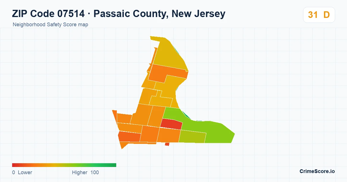 ZIP Code 07514 in Passaic County, New Jersey neighborhood Safety Score map