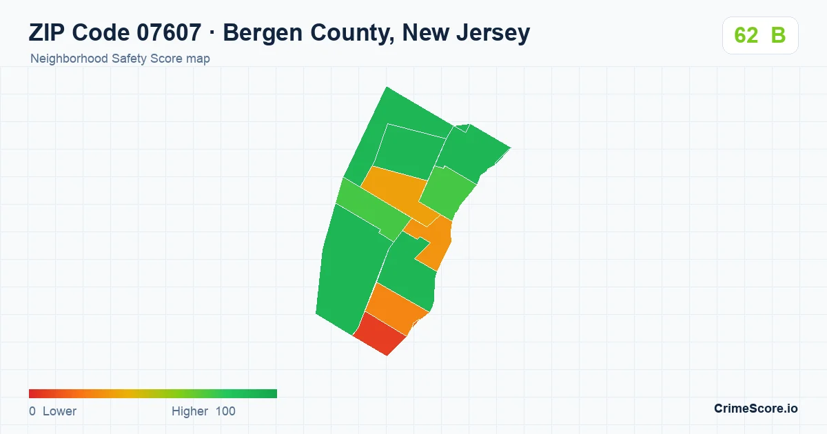 ZIP Code 07607 in Bergen County, New Jersey neighborhood Safety Score map