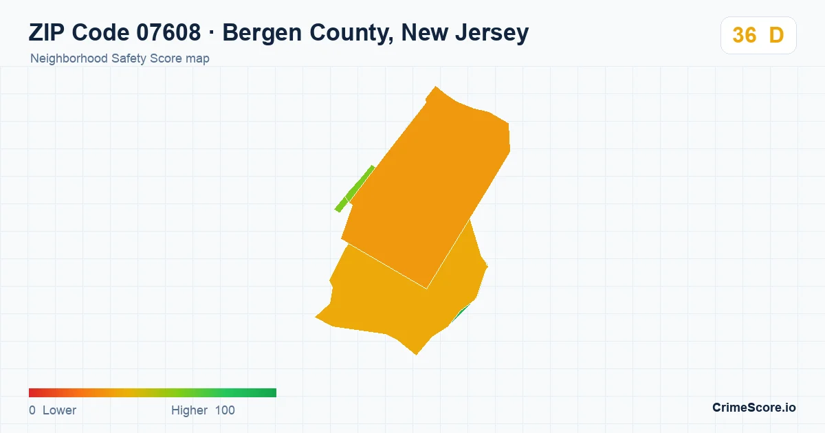 ZIP Code 07608 in Bergen County, New Jersey neighborhood Safety Score map