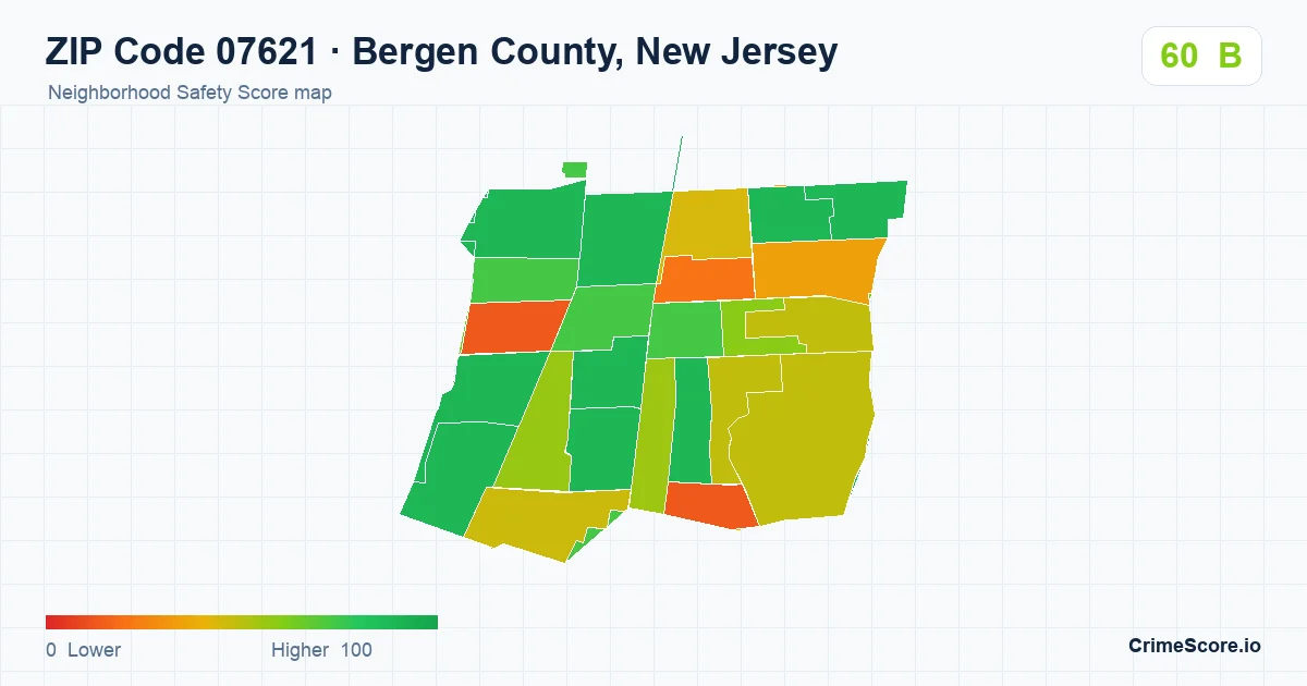 ZIP Code 07621 in Bergen County, New Jersey neighborhood Safety Score map