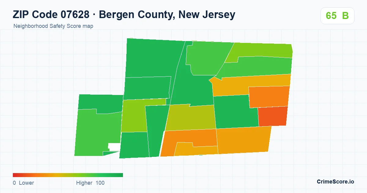 ZIP Code 07628 in Bergen County, New Jersey neighborhood Safety Score map