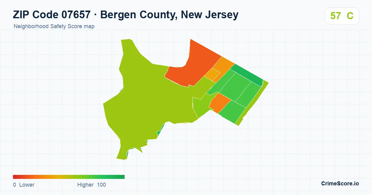 ZIP Code 07657 in Bergen County, New Jersey neighborhood Safety Score map
