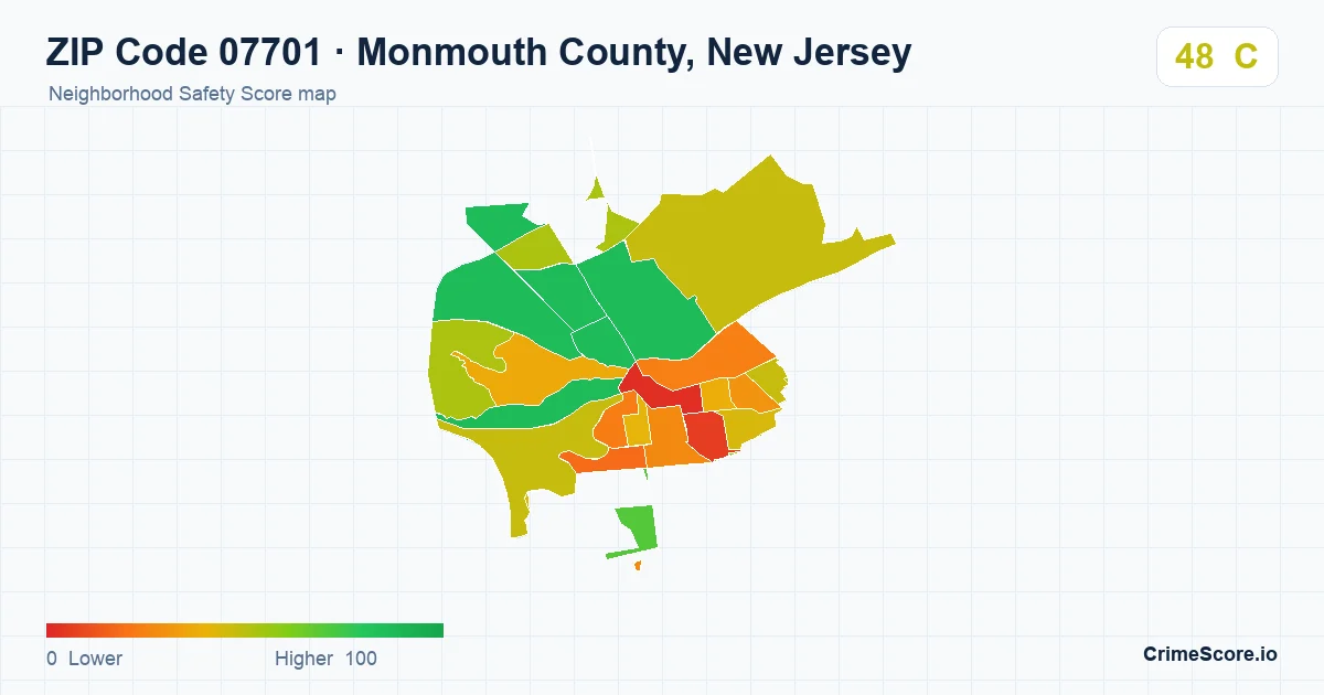 ZIP Code 07701 in Monmouth County, New Jersey neighborhood Safety Score map