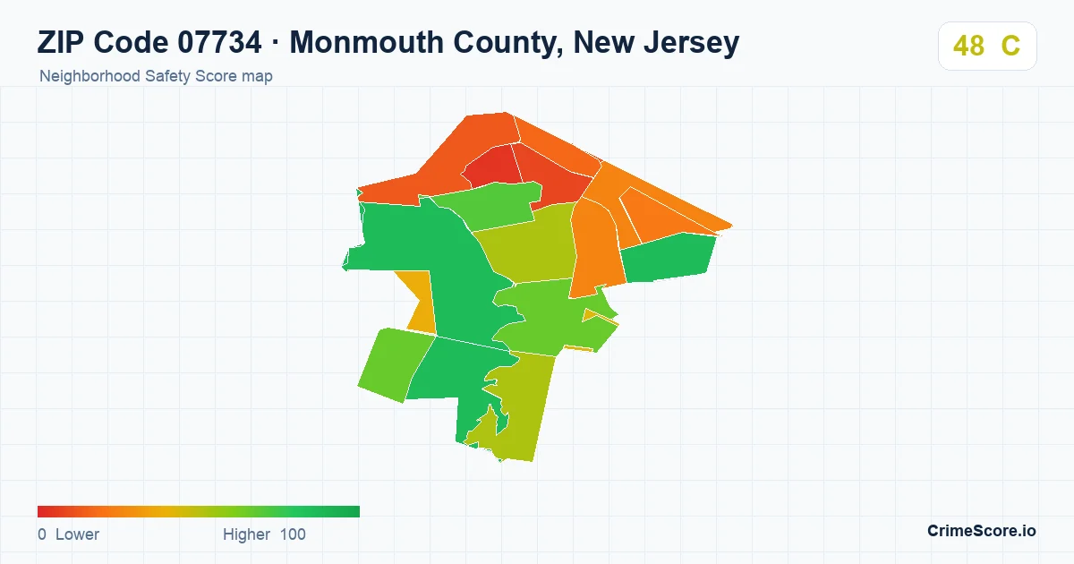 ZIP Code 07734 in Monmouth County, New Jersey neighborhood Safety Score map