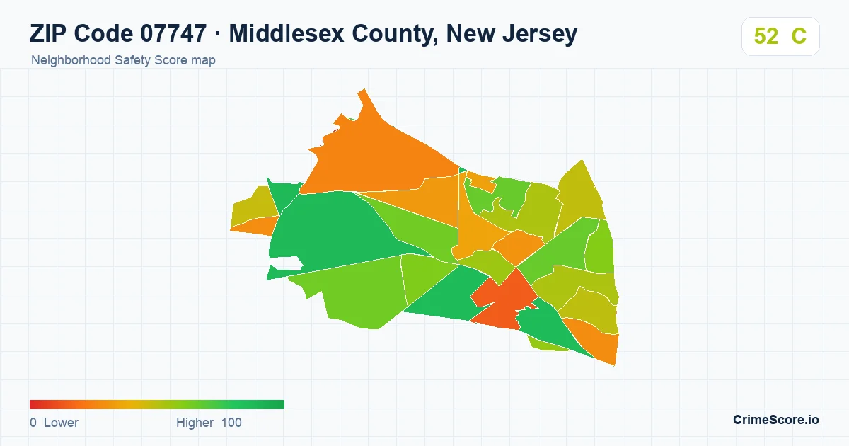 ZIP Code 07747 in Middlesex County, New Jersey neighborhood Safety Score map
