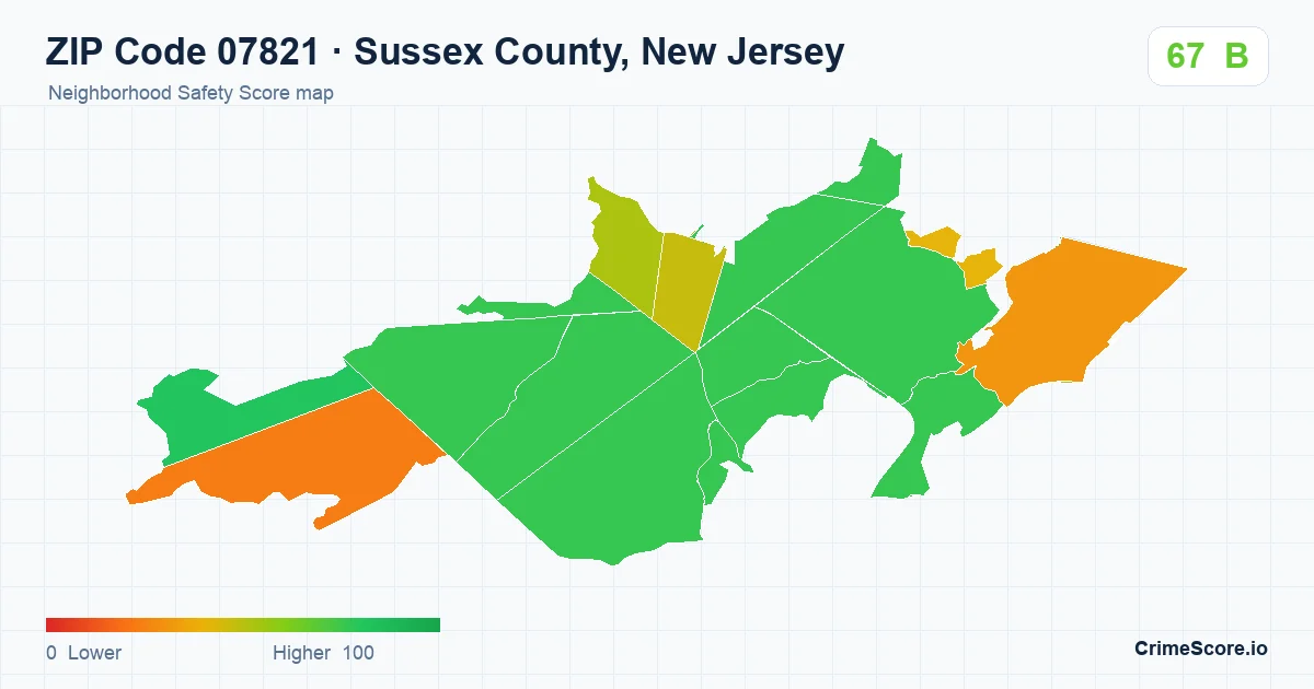 ZIP Code 07821 in Sussex County, New Jersey neighborhood Safety Score map