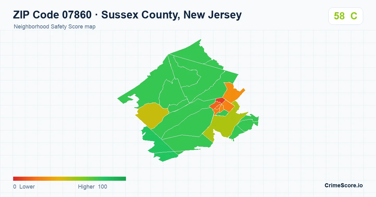 ZIP Code 07860 in Sussex County, New Jersey neighborhood Safety Score map