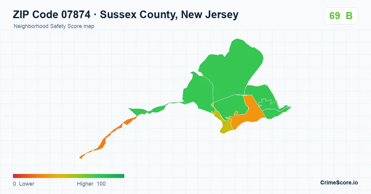 ZIP Code 07874 in Sussex County, New Jersey neighborhood Safety Score map
