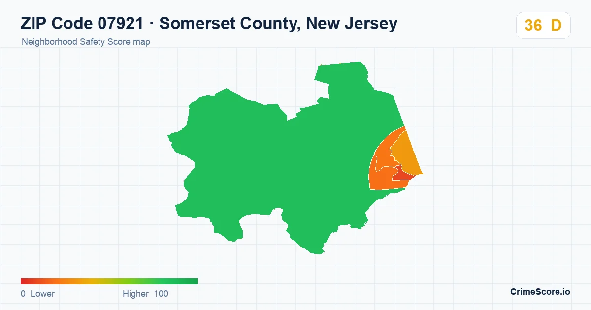 ZIP Code 07921 in Somerset County, New Jersey neighborhood Safety Score map