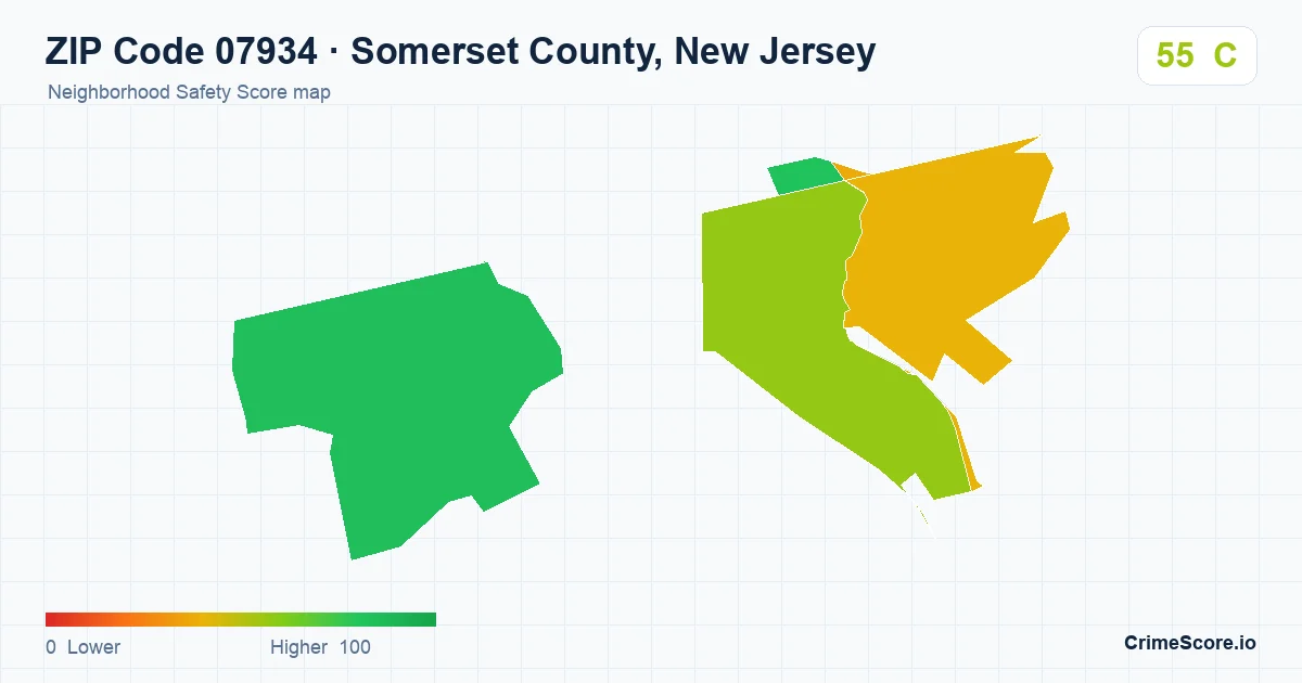 ZIP Code 07934 in Somerset County, New Jersey neighborhood Safety Score map