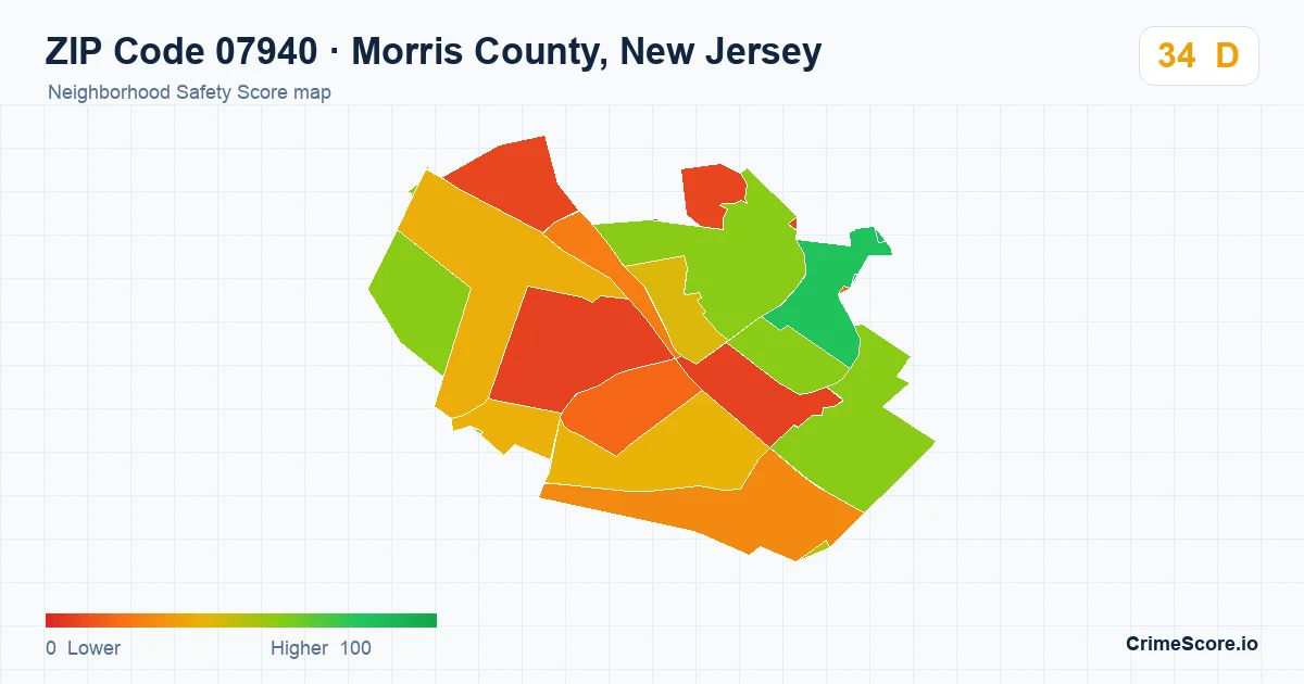ZIP Code 07940 in Morris County, New Jersey neighborhood Safety Score map